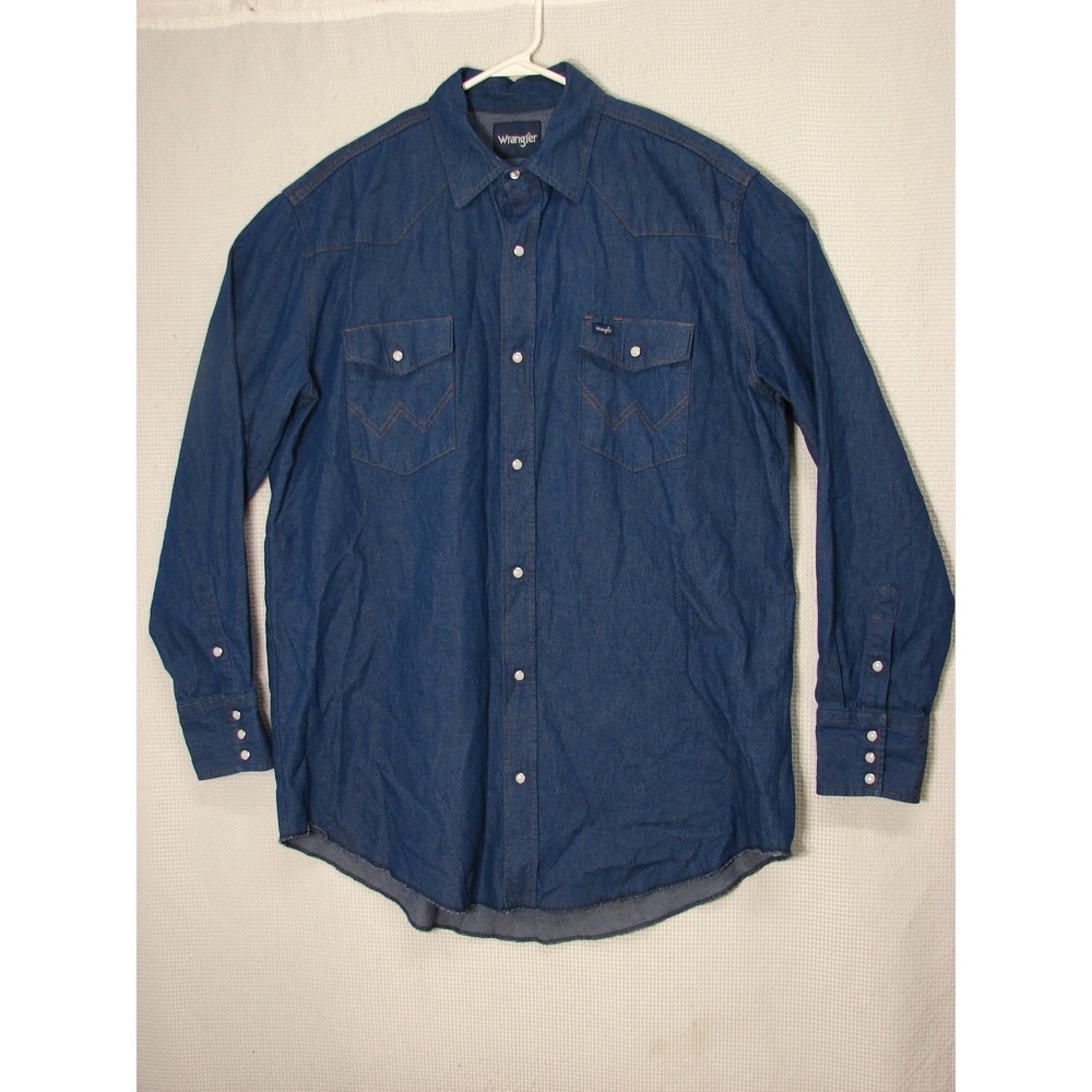 Wrangler Mens Western Denim Pearl Snap Shirt Dark Wash Blue XL Tall Ranchwear